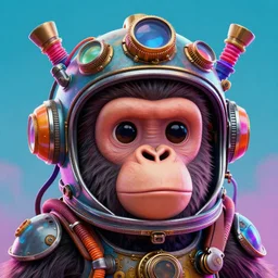 movie poster of a surprised cute steampunk ape head with a steampunk space helmet with multicolored glowing tubes and cables, crisp, trippy, fluorescent colors, insanely detailed, 3 d render, front shot, 3 5 mm