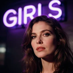 A hyper realistic and detailed head portrait photography of a woman by annie leibovitz. In the background there is a purple neon sign that spells GIRLS. Neo noir style. High quality. Cinematic. Swirly bokeh. Cinestill 800T film. Depth of field. Lens flare.