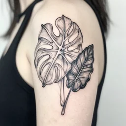 a black line drawn tattoo of a monsters deliciosa leaf and a alocasia zebrina leaf, intricate details, ornamental, elegant, symmetrical!! symmetrical - tatoo!!