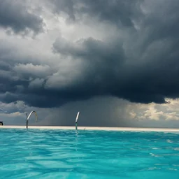 menacing clouds in the sky at the swimming pool, 8 k, hd, dof, kodak film, volumetric lighting, subsurface scattering, photorealistic, octane render, details