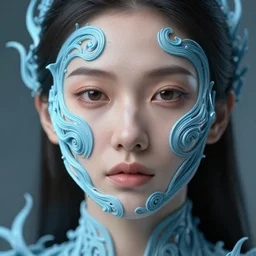 intricate highly detailed face portrait of asian - european woman, light blue plastic vines on her face, intricate, cgsociety, unreal engine, octane render, sharp focus, smooth, volumetric lighting, cinematic composition, artstation