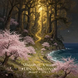 A field of cherry blossoms on an oceanfront, fine art, awesome fantasy book cover on Pinterest, award winning, fantasy forest landscape, fantasy magic, dark golden light night, intricate, elegant, sharp focus, illustration, highly detailed, digital painting, concept art, matte, art by WLOP and Artgerm and Greg Rutkowski, masterpiece, trending on artstation