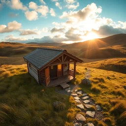 ultra wide angle photograph of cozy hygge cabin in scottish countryside rolling hills, idyllic, sunny, grass, peaceful clouds