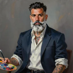 palette knife oil painting of marcus is always clean shaven and sharply dressed. he tends to wear a sport jacket and a collared shirt with rolled up sleeves. he has extensive tattoos all over his body, mostly hidden by the collar and sleeves of his shirt, and eyes are pitch black extreme detail. artstation trending, artgerm, deviant art, octane, substance, art history 8 k
