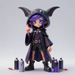 character designs for a fashionable nonbinary icon wearing a large gothic manta ray cloak, sells empty spray paint cans as a scam and is always covered in paint, always acting delightedly shady, designed by splatoon nintendo, inspired by tim shafer psychonauts 2 by double fine, cgi, professional design, gaming
