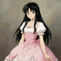 misa amane wearing sakura kinomoto dress, black hair. by rembrandt, by konstantin razumov