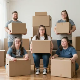 5 young overweight people with downsyndrome moving house