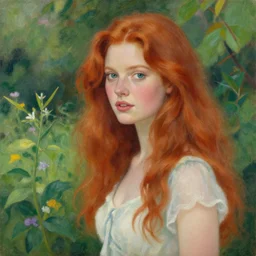 a beautiful red haired woman in a garden, beautiful painting by greg rutkowski and magali villanueve