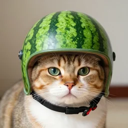 cat wearing a helmet, helmet watermelon, helmet that looks like watermelon, watermelon fruit texture, helmet on a cat, helmet, helmet