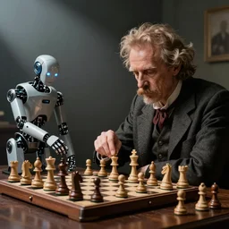 ludwig wittgenstein playing chess with a robot, dramatic angle
