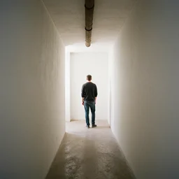a man standing at the end of a painterly sewer wall corridor