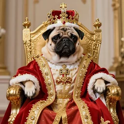 4 k, realistic, extra detail, pug wearing royal robes and crown, sitting on a golden throne.