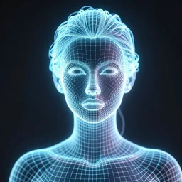 woman portrait made from neon digital wireframe, polymesh, polygroups, maya, zbrush, glowing wireframe models, ultra realistic, dramatic contrast lighting, intricate details, holographic artifacts, surreal landscape of geometric shapes, hexagons, tesseract, highly detailed by peter mohrbacher, boris vallejo, hajime sorayama, wayne barlowe, paolo eleuteri serpieri