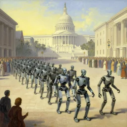 robot druids in a grand processional, capital plaza, pj crook, edward hopper, grant wood, illustration