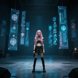 a highly detailed cinematic wide shot of Grimes in a large room simulation with holographic symbolic codes