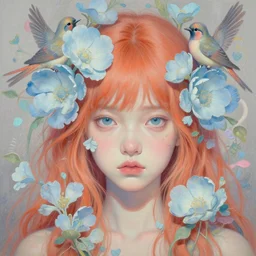 breathtaking detailed concept art painting portrait in pastel colors of single girl with anxious piercing eyes by hsiao - ron cheng amalgamation light blue flowers and birds in carroty hair, weird background with bizarre compositions blend of flowers and birds, exquisite detail, 8 k