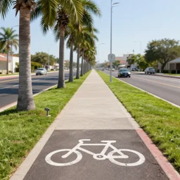 side shot of sidewalk with bike path, palm trees, accessible for the disabled, by professional photographer, 8 k resolution, photo, high quality, unreal engine, 3 d