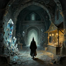 a wizard walking through a dungeon, looks like it's from labyrinth, dark crystal and bazaar, painting by ralph mcquarrie, ultrawide angle, f 1 6, golden ratio, f 3 2, well composed, cohesive