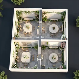 apartment flat with 4 rooms decorated with flowers, top-down view, render, unreal engine