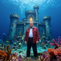 walter white in a castle underwater, photo, deep sea, colorful