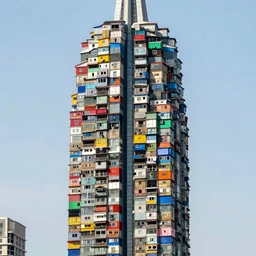 a skyscraper made up of colourful makeshift squatter shacks, dystopia, sony a 7 r 3, f 1 1, fully frontal view, photographed by jeanette hagglund, ultra detailed,