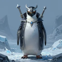 anthropomorphic evil penguin wearing dark clothes, icy landscape, weapons, dnd, mystical, full frontal portrait, character, fantasy, intricate, elegant, digital painting, artstation, concept art, smooth, 8 k frostbite 3 engine, ultra detailed, art by artgerm and greg rutkowski and magali villeneuve