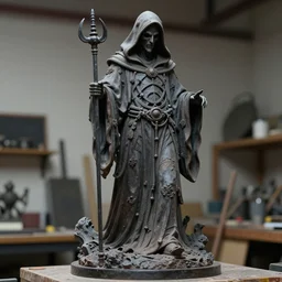 photo taken of an epic intricate, ultra detailed, super realistic sculpture of a timeless hooded grim reaper sculpture on display in a workshop, created by weta, low angle, photorealistic, sharp focus, f 0. 4, golden ratio