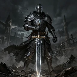 A medieval fantasy death knight with large greatsword in hands based on Elden Ring design by Kentaro Miura, extremely detailed, upscaled, 8k resolution, dark, glowing black weapon, destruction
