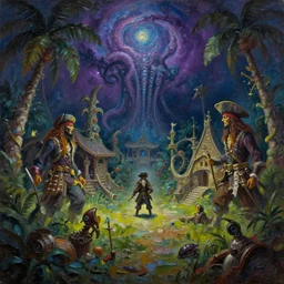 oil painting with heavy impasto of a tropical pirate enclave, cosmic horror painting, elegant intricate artstation concept art detailed
