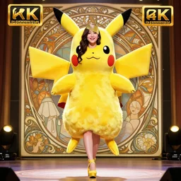 just one lonely attractive asian showgirl in a pikatchu costume!! realistic illustration by artgerm and alphonse mucha. full body, digital art, contour light effect!! 8 k, stage light, octane render, sharp edge, ultra clear, intricate, elegant, detailed,