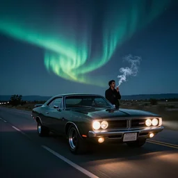 Ghost Rider drives '70 Dodge Charger on the long road while smoking cigarette, northern lights, ultra-viole, godrays