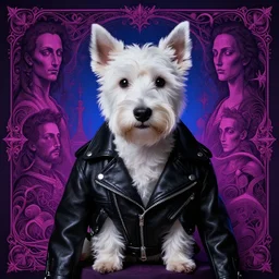 a white terrier dog in a black leather biker jacket portrait by lee jeffries, in the style of beksinski, intricate composition, magentaby caravaggio, highly quality, highly detailed, masterpiece, blue light, artstation