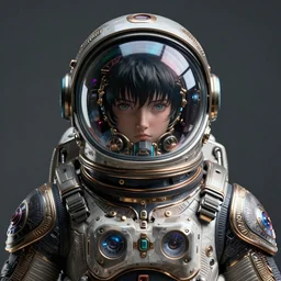 a cyberpunk astronaut, symmetrical bust, and the helmet is fishbowl, hyper detailed, masterpiece, ornate dark, suehiro moaruo, katsuhiro otomo, shintaro kago, cgsociety, octane render, ambient light