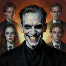 portrait of agent 4 7 smiling, menacing teeth, by zdzislaw beksinski, by dariusz zawadzki, by john jude palencar, by micheal whelan, gothic, surrealism, cosmic horror, lovecraftian, cold hue's, warm tone gradient background, concept art, beautiful composition