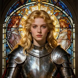 masterpiece head-on symmetrical centered painted portrait, Imogen Poots as a paladin, blonde hair, glorious, wearing full metal armour, glowing stained glass backdrop, elegant, in the style of Ruan Jia and Artgerm and Edgar Maxence and Ross Tran and Alphonse Mucha and Ayami Kojima and Charlie Bowater and Greg Rutkowski and Karol Bak and Jean Delville, Art Nouveau, Pre-Raphaelite, Neo-Gothic, gothic, Art Nouveau, rich deep moody colors, 8k, specular highlights, octane render