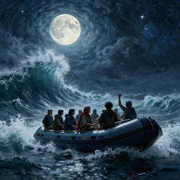 illegal immigrant group in inflatable boat sea big storm, moon, lovecraftian style, light, huge waves, starry night, by vincent van gogh, painting, volumetric light, uplight, global illumination, intricate, detailed, atmospheric lighting, illegal immigration, boat people