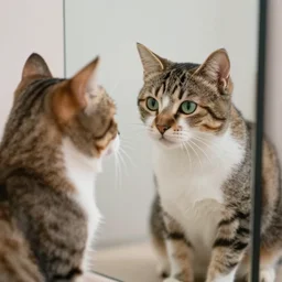 professional photograph of a cat looking in a mirror