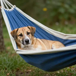 a dog resting in the hammock
