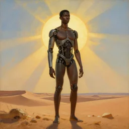 black male cyborg body modifications hd albert bierstadt painting low perspective! desert sun rays