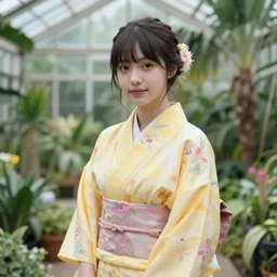 photo. of a young woman!!! wearing a yellow kimono in a tropical greenhouse, super resolution. 35 mm lens, bokeh