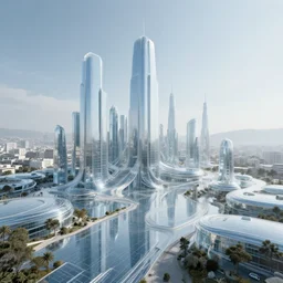 landscape by b. v. doshi, san andreas landscape futuristic apocalyptic made of glass otherworldly cyberpunk morning sun tokyo fisheye, archdaily, wallpaper, highly detailed, trending on artstation.
