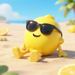 a lemon with a face and legs relaxing on a beach, wearing sunglasses, octane render, 4k, pixar