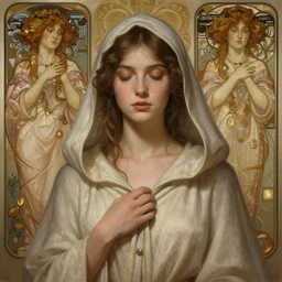 Portrait of a young woman wearing a hooded robe, in a trance, intricate, elegant, highly detailed, digital painting, artstation, concept art, smooth, sharp focus, illustration, art by artgerm and greg rutkowski and alphonse mucha, by beksinski