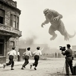 a few people run from building as cameraman points at large flying monster, 1 9 0 0 s photograph