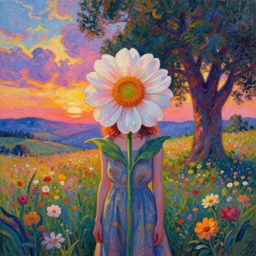 girl with a mega flower as a face, surreal photography, dream, standing in flower field, hills, big trees, sunrise dramatic light, impressionist painting, colorful clouds, digital painting, pointillism, artstation, simon stalenhag, flower face