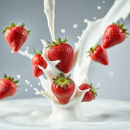 strawberries falling, white milk splashes, advertising photo, frozen time, highspeed photo, studio lighting