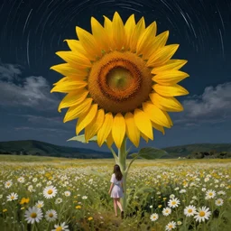 giant sunflower as a head, girl walking in daisy field, hills, surreal photography, dark night, star trails, dramatic light, impressionist painting, clouds, digital painting, artstation, simon stalenhag