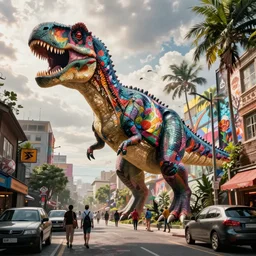 A dinosaur emerging out of an giant street art work on a busy street, unreal engine, octane render