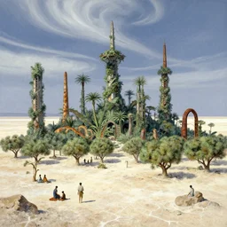 the oasis - hamlet of joppa along the far rim of the great salt desert. farmers tend to groves. jungles strangle chrome steeples and rusted archways. beyond the fabled spindle rises above the fray and pierces the cloud - ribboned sky. art by james christensen and noriyoshi ohrai