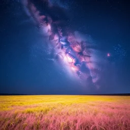 landscape, pink, yellow, blue, hyper realism, night sky, sparkle